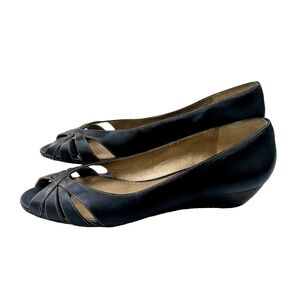 NATURALIZER Women's 9 Leather Navy Blue Wedge Peep Toe Comfort Pumps Small Heel